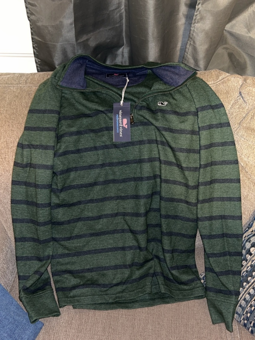 Vineyard Vines Green and Navy Striped Quarter-Zip Pullover